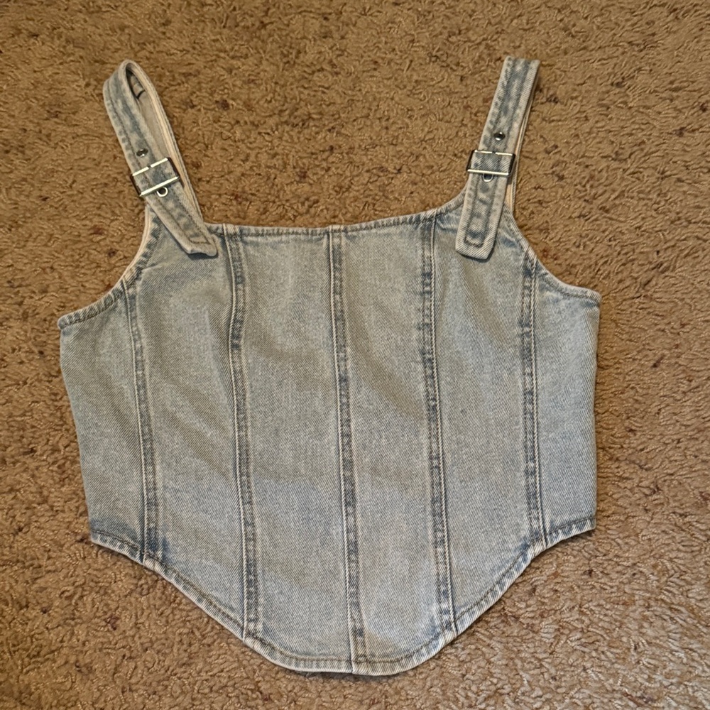 Wild Fable Trendy Light Blue Denim Crop Top buckle Straps/Zippered Back Size S